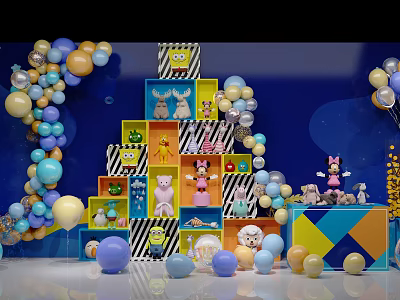 Vibrant Multi Layered Display Shelves With Cartoon Toys Colorful Balloons And Blue Background 3d model