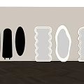 Various Shaped Mirrors Against White Wall With Small Green Plant Wooden Floor and Blue Sky