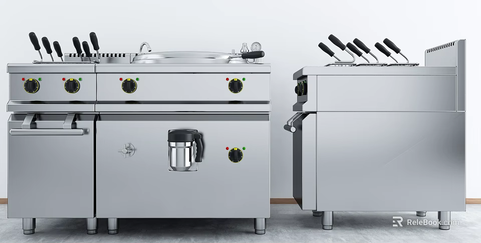 Professional Stainless Steel Commercial Kitchen Appliances With Stovetops And Fryers 3d model 