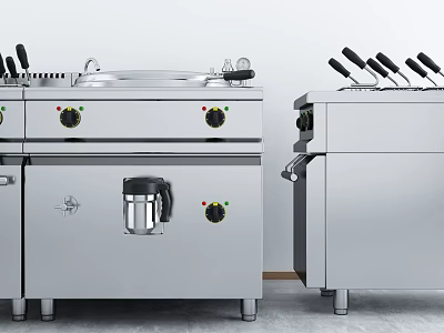 Professional Stainless Steel Commercial Kitchen Appliances With Stovetops And Fryers 3d model