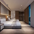 Modern Hotel Guest Room With King Bed Wooden Accents Large Windows City View And Wall Mounted TV