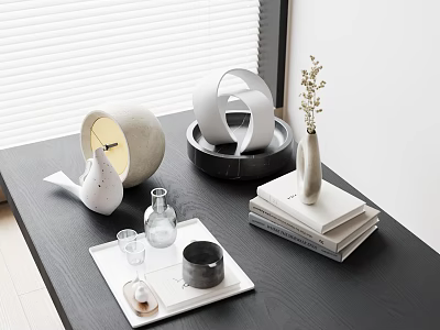 Minimalist Decorative Ornament Set with White Geometric Shapes Marble Tray Vase Books on Black Tabletop 3d model