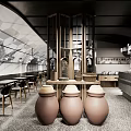 Modern Restaurant Interior Design With Wooden Tables Chairs Decorative Clay Jars And Hanging Ceiling Lights