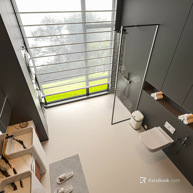 Modern Minimalist Dark Tone Bathroom With Large Outdoor View Window And Frameless Glass Shower Design 3d model 