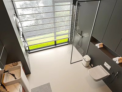 Modern Minimalist Dark Tone Bathroom With Large Outdoor View Window And Frameless Glass Shower Design 3d model