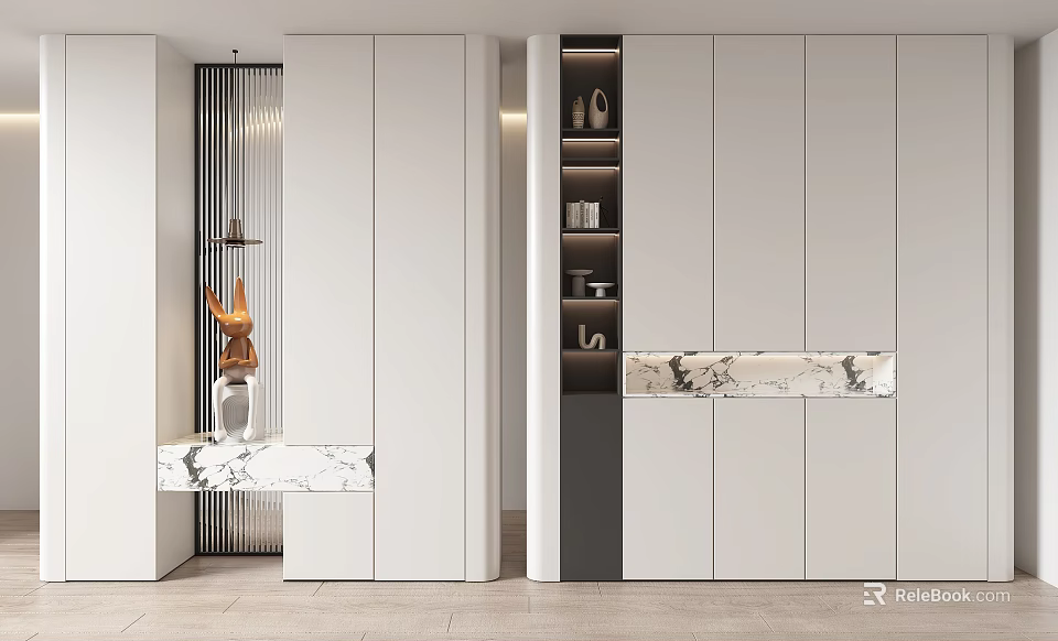 Modern White Shoe Cabinet With Marble Accent And Open Shelves In Entryway 3d model 