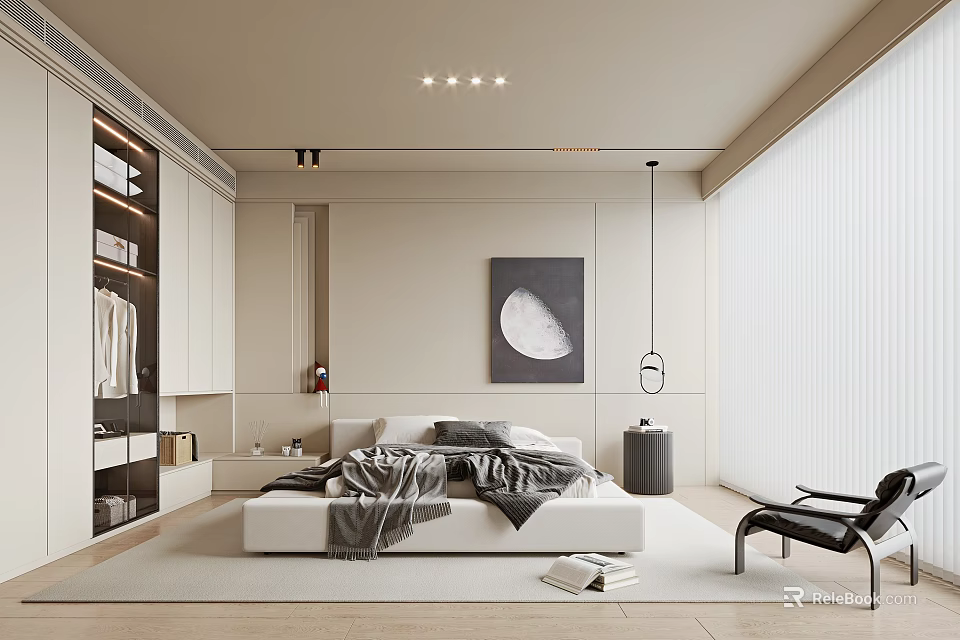 Modern Minimalist Bedroom Interior With White Platform Bed Moon Art And Vertical Blinds 3d model 