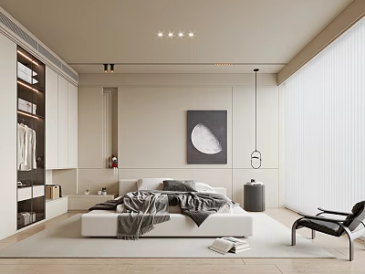 Modern Minimalist Bedroom Interior With White Platform Bed Moon Art And Vertical Blinds 3d model