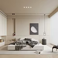 Modern Minimalist Bedroom Interior With White Platform Bed Moon Art And Vertical Blinds