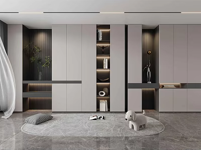 Modern Bookcase Interior Design With Built in Lighting Books Decorative Figurine And Rug 3d model