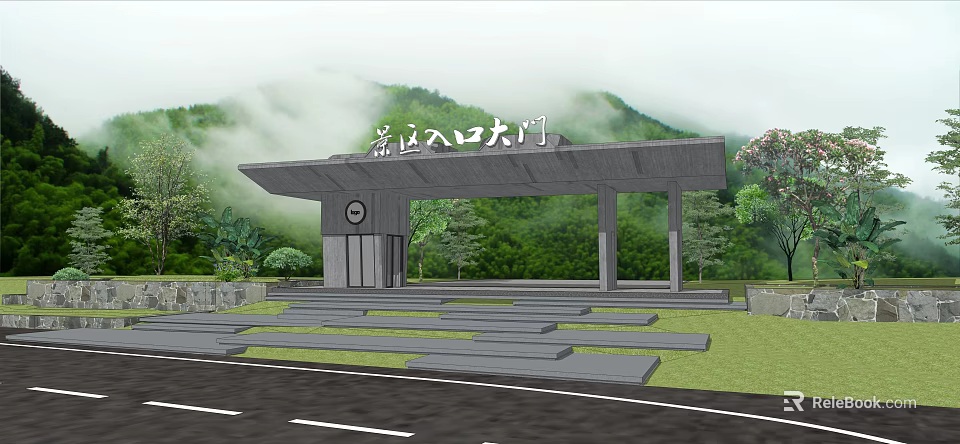 Scenic Area Entrance Gate Surrounded by Green Vegetation and Mountains with Steps and Canopy 3d model 
