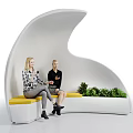 Curved White Public Chair With Yellow Seats And Green Plants For People