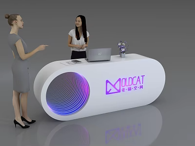 Modern White Oval Reception Desk With Laptop NOLOCAT Logo And People Standing By 3d model