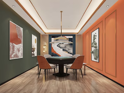 Elegant Modern Hotel Mahjong Room Interior With Mahjong Table Comfortable Chairs Decorative Paintings And Pendant Lights 3d model