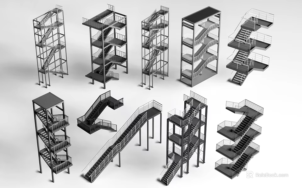 Various Modern Staircase Designs With Different Structural Styles And Metal Frames 3d model
