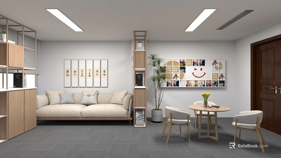 Modern Meeting Room With Beige Sofa Gray Carpet Wooden Shelf Green Plant And Collage Art 3d model 