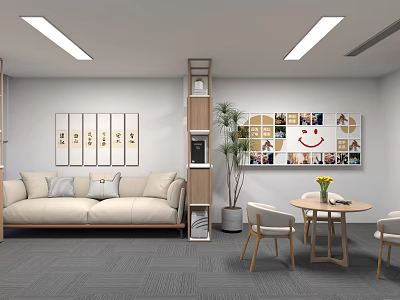 Modern Meeting Room With Beige Sofa Gray Carpet Wooden Shelf Green Plant And Collage Art 3d model