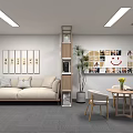 Modern Meeting Room With Beige Sofa Gray Carpet Wooden Shelf Green Plant And Collage Art