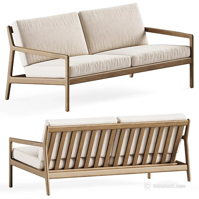 Modern Sofa Design With Wooden Frame Beige Cushions And Striped Backrest Details 3d model 