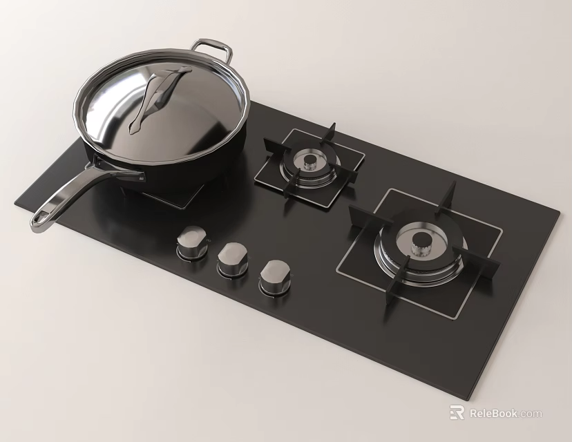 Kitchen Gas Stove With Black Cooktop Two Burners Control Knobs And Pot With Lid 3d model 