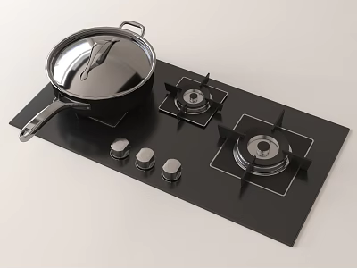 Kitchen Gas Stove With Black Cooktop Two Burners Control Knobs And Pot With Lid 3d model