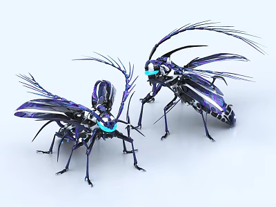 Two Purple Black Aquatic Creatures With Mechanical Wings And Glowing Blue Features 3d model