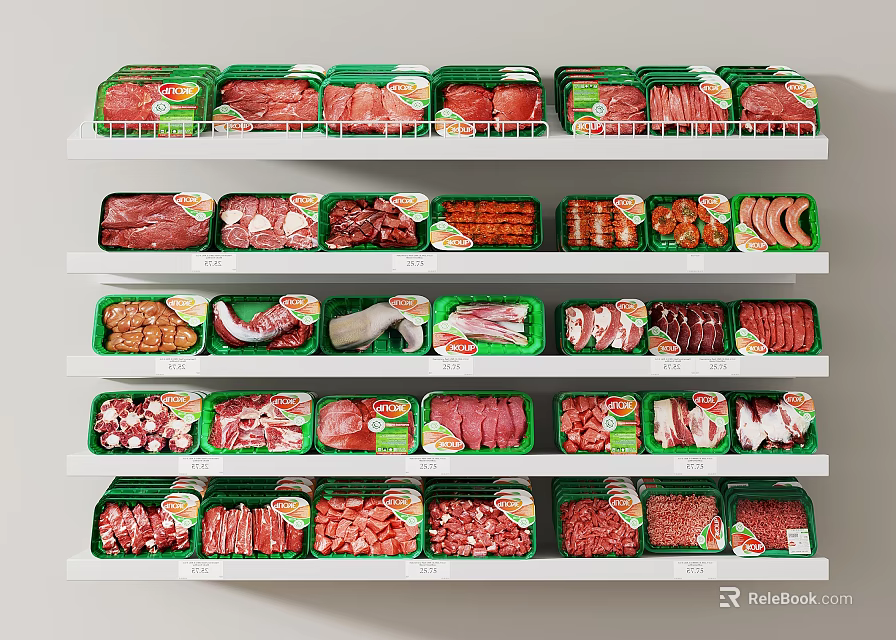 Assorted Meat Products Displayed on Supermarket Shelves with Green and Red Packages 3d model 