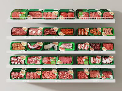 Assorted Meat Products Displayed on Supermarket Shelves with Green and Red Packages 3d model