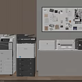 Modern Office Printers Various Models On White Cabinets With Wooden Wall And Bulletin Board