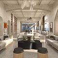 Hotel Lobby Interior Design With Arched Ceilings Chandeliers Sofas Chairs Bookshelves And Large Windows