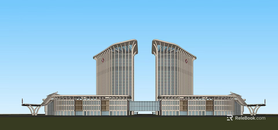 Twin Symmetrical Tall Buildings With Curved Facade And Connected Base Against Blue Sky 3d model 