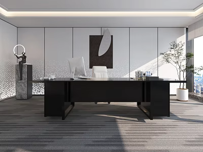 Modern Office Desk With Computer Monitor Office Supplies And Potted Plant In Bright Room 3d model