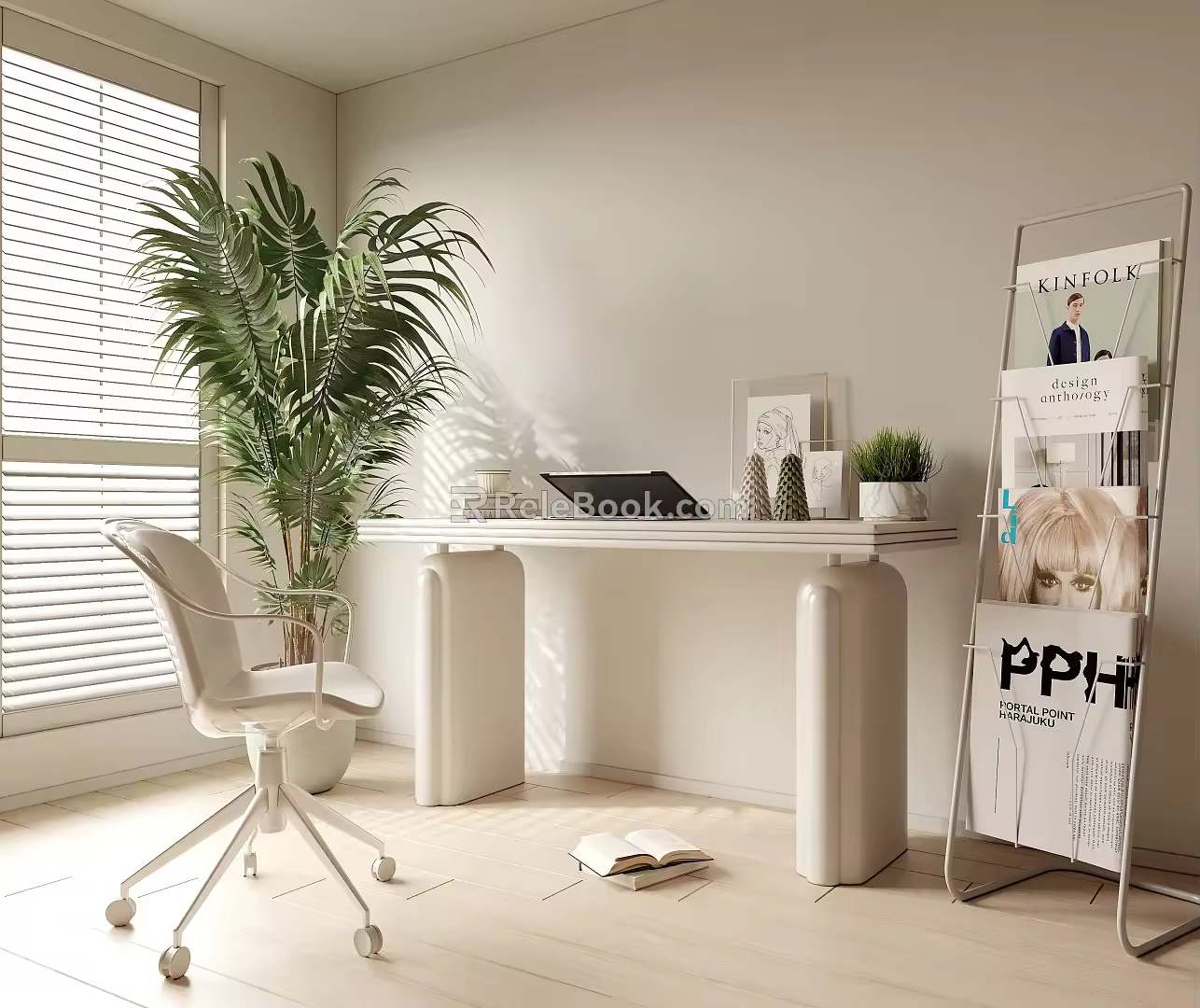 Cream Style Study Desk Office Bookshelf Shelf 3d model