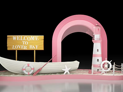 Lover Day Decorative Scene With Welcome Sign Pink Arch Lighthouse Boat Lifebuoy And Starfish 3d model