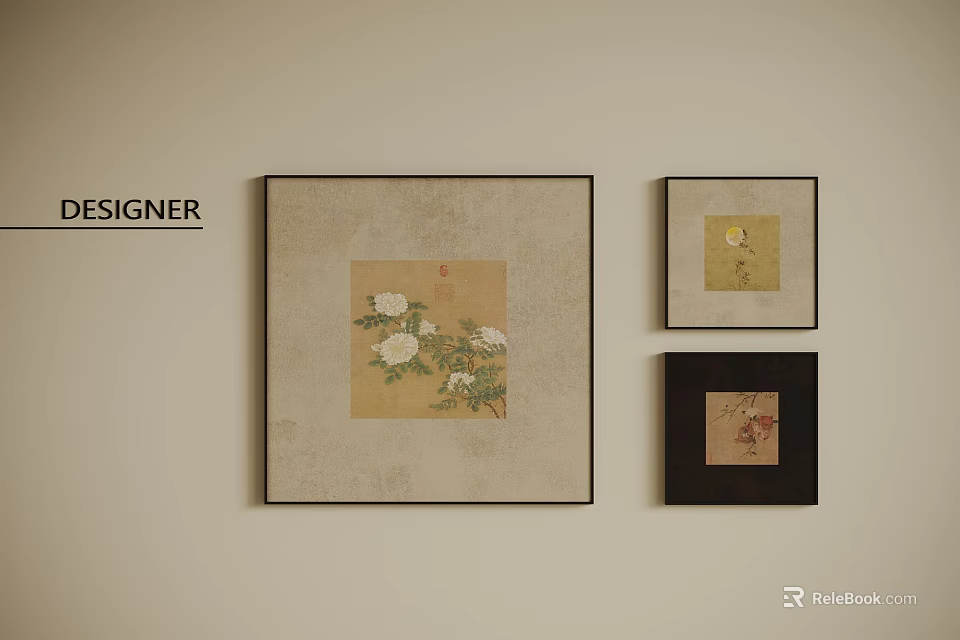 Designer Abstract Paintings On Wall With Floral Elements And Decorative Frames 3d model 