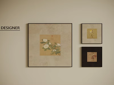Designer Abstract Paintings On Wall With Floral Elements And Decorative Frames 3d model
