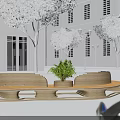 Wooden Landscape Seating With Central Potted Plant White Building Trees And Street Lamps