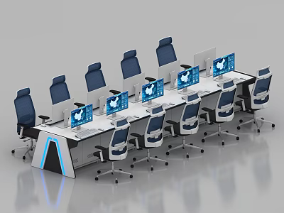 Modern Monitoring Room With Control Console Multiple Screens Blue Chairs And LED Lighting 3d model