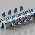 Modern Monitoring Room With Control Console Multiple Screens Blue Chairs And LED Lighting
