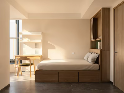 Modern Bedroom Interior Design With Wooden Bed Desk And Open Shelves 3d model