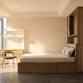 Modern Bedroom Interior Design With Wooden Bed Desk And Open Shelves