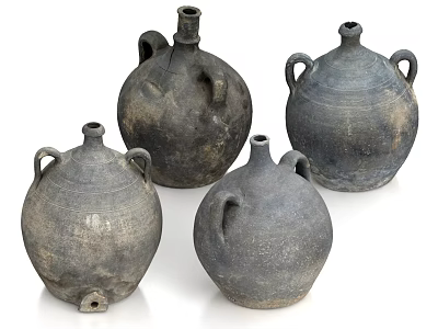 Four Ancient Style Ceramic Pots With Double Handles And Dark Textured Surface 3d model