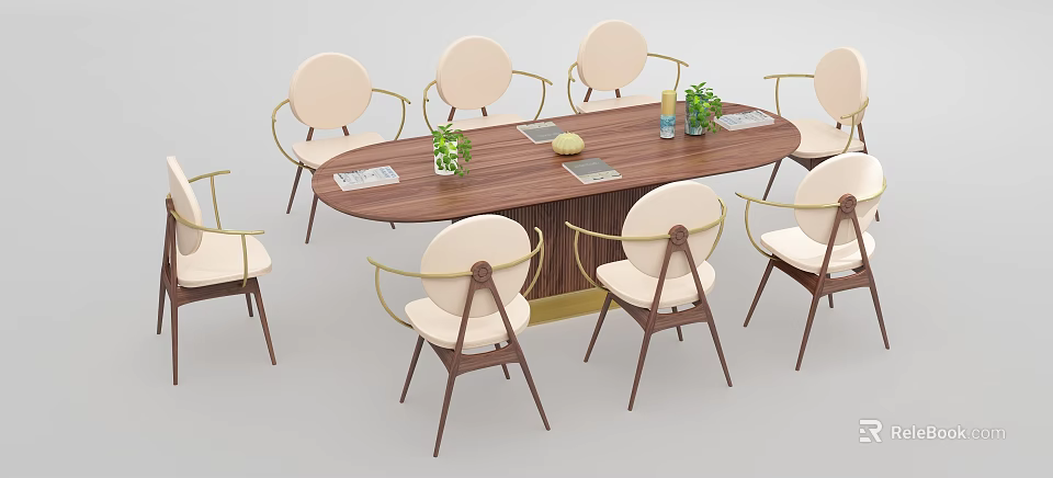 Modern Oval Wooden Conference Table With White Cushioned Chairs And Green Plants 3d model 