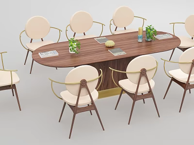Modern Oval Wooden Conference Table With White Cushioned Chairs And Green Plants 3d model