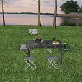 Portable Outdoor Table Set with Stools on Green Grass and Cooking Essentials