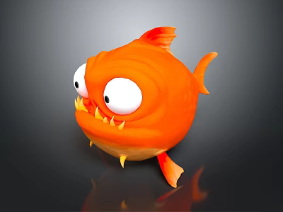 Adorable Orange Round Body Cartoon Aquatic Fish With Big Eyes Sharp Teeth And Spikes 3d model