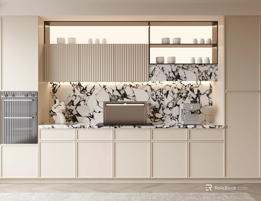 Modern Dining Sideboard With White Cabinetry And Marble Backsplash Under LED Lighting 3d model 