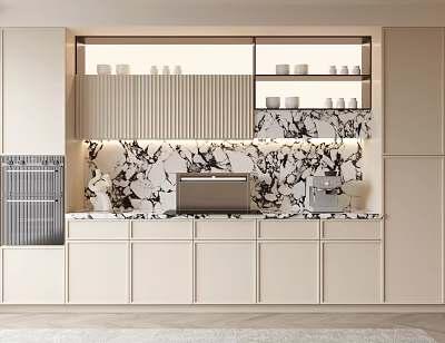 Modern Dining Sideboard With White Cabinetry And Marble Backsplash Under LED Lighting 3d model