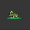 Game Anime Character With Green Body And Yellow Horns Standing On Grass Field