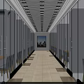 Modern Elevator Hallway Interior With Glass Partitions Ceiling Lighting And City View 3d model